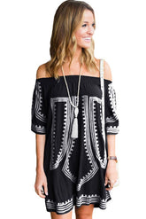 Schwarzes schulterfreies Strandkleid aus Baumwolle mit geometrischem Print im Bohemian-Stil